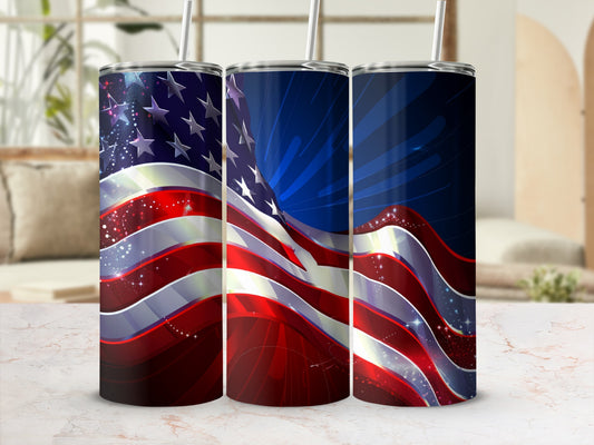 Three patriotic tumblers with American flag designs and stars.