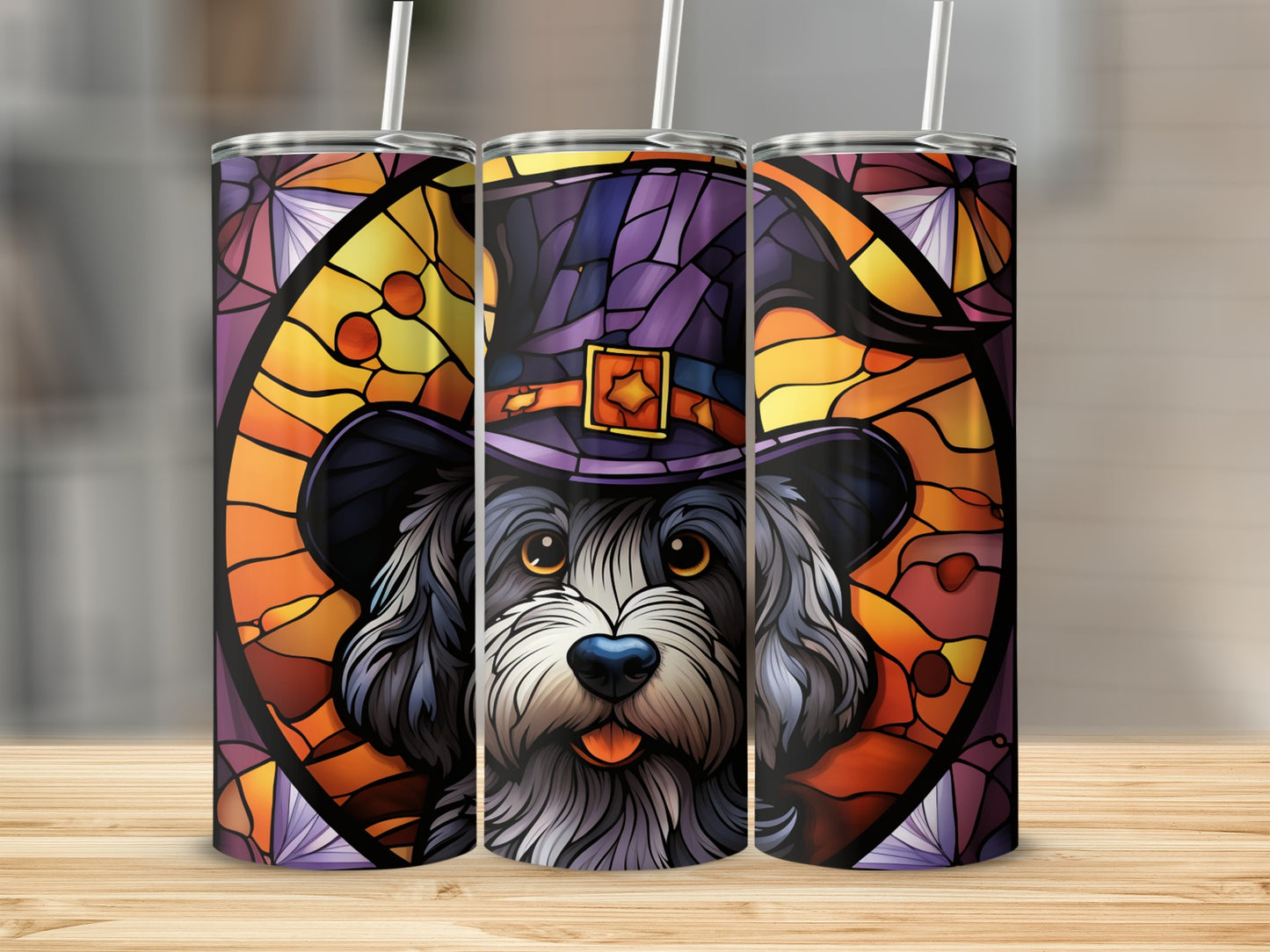 Wavy-haired dog wearing a witch hat in stained glass style.