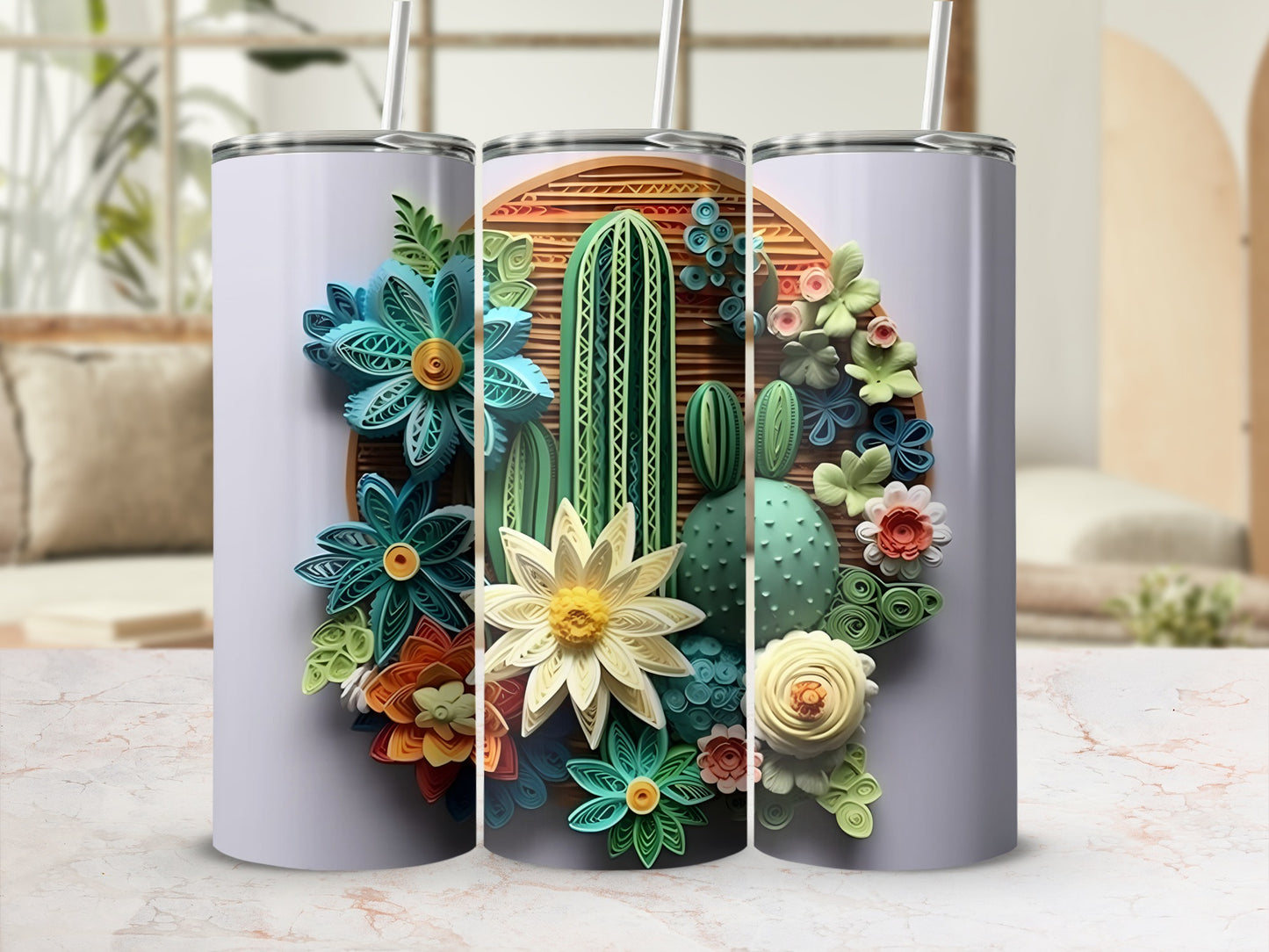 Vibrant Floral Cactus Design Tumbler 20oz Insulated Cup