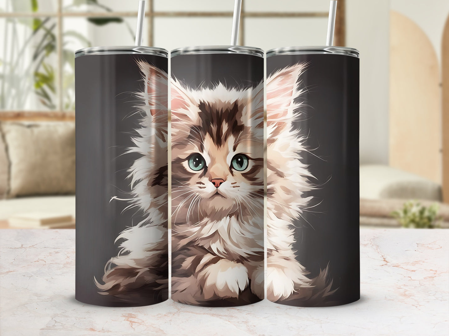 Fluffy kitten with green eyes on a dark background, three tumblers.
