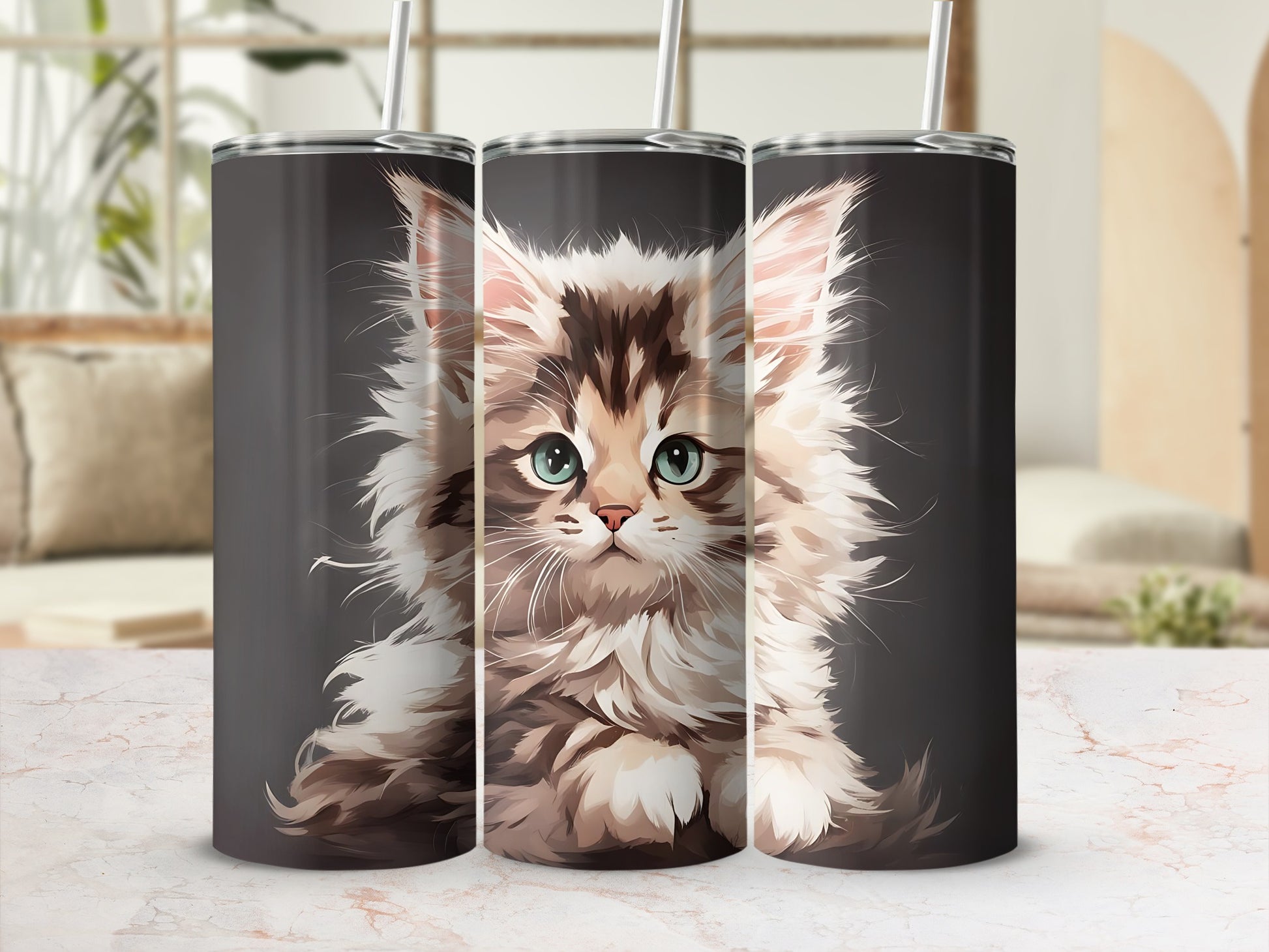 Fluffy kitten with green eyes on a dark background, three tumblers.