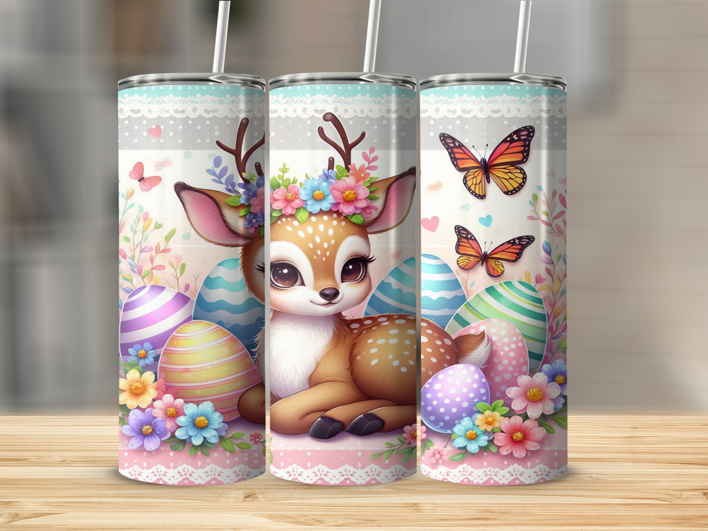Deer with floral crown, Easter eggs, and butterflies.