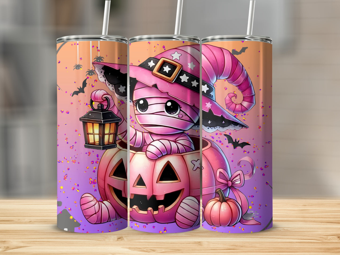 Cute Pink Halloween Mummy in Witch Hat Tumbler Design