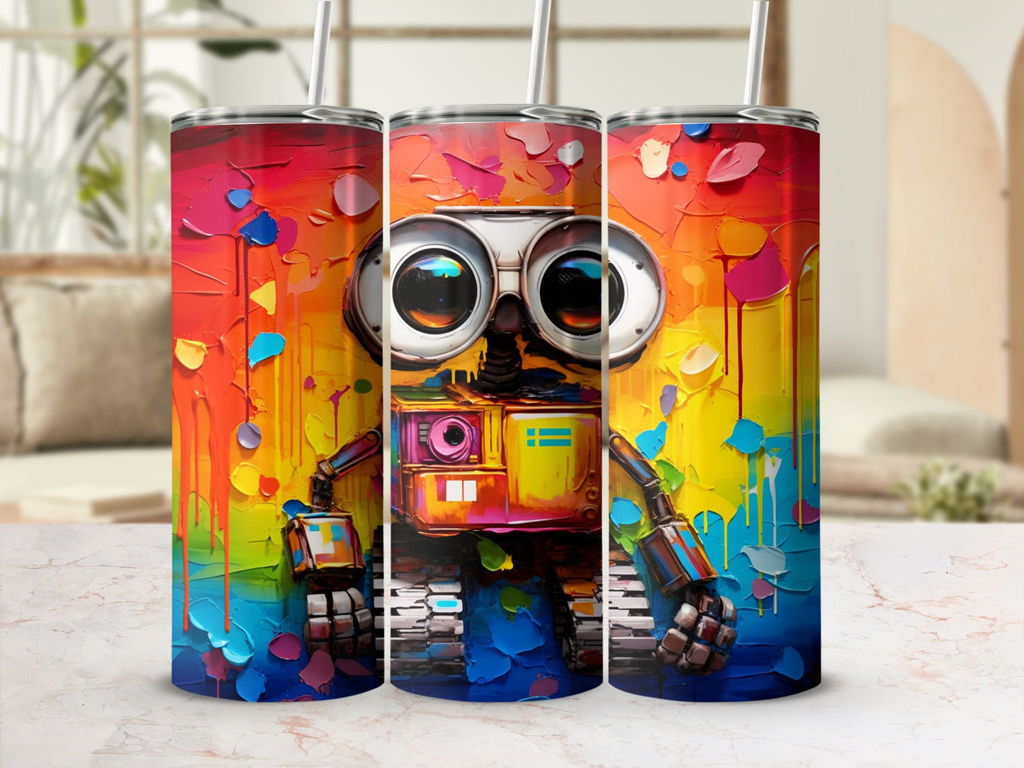 Colorful Robot Art Design Tumbler with Straw