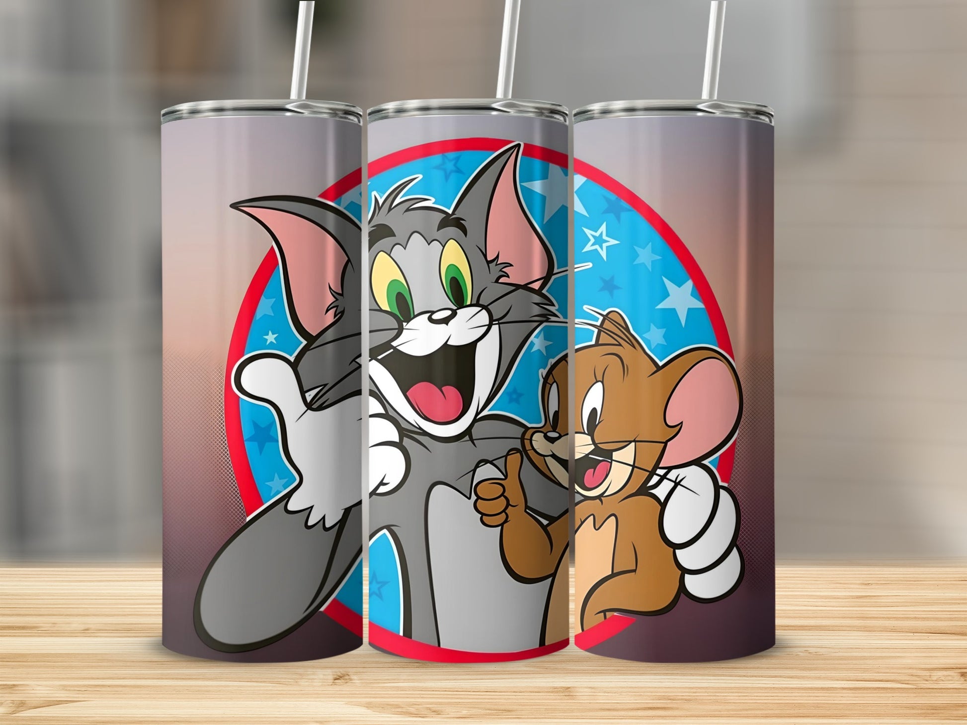 Tom and Jerry Tumbler Cup with Star Background Design