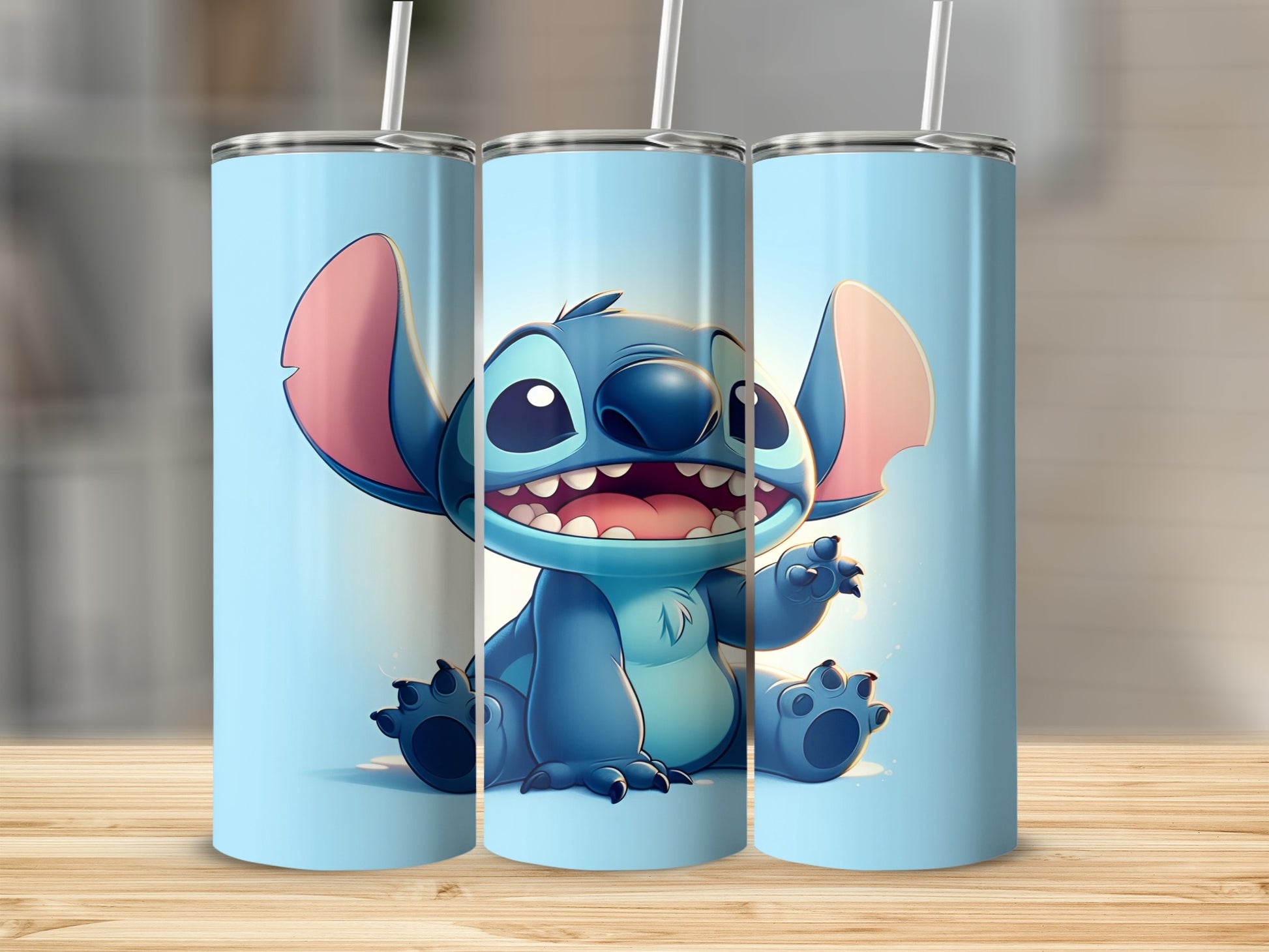 Stitch character on a blue tumbler with a straw.