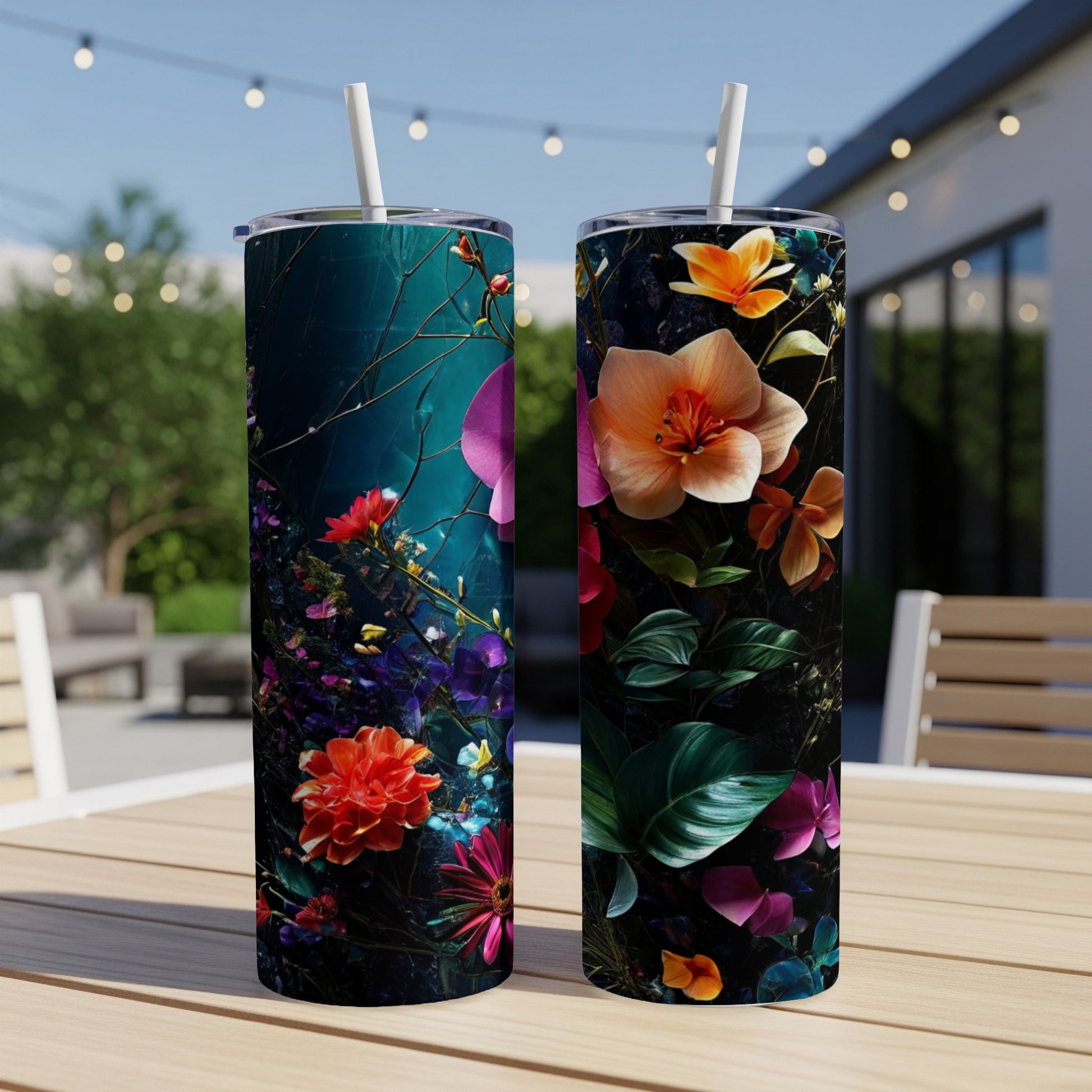 Two tall tumblers with vibrant floral designs sit on a wooden table.
