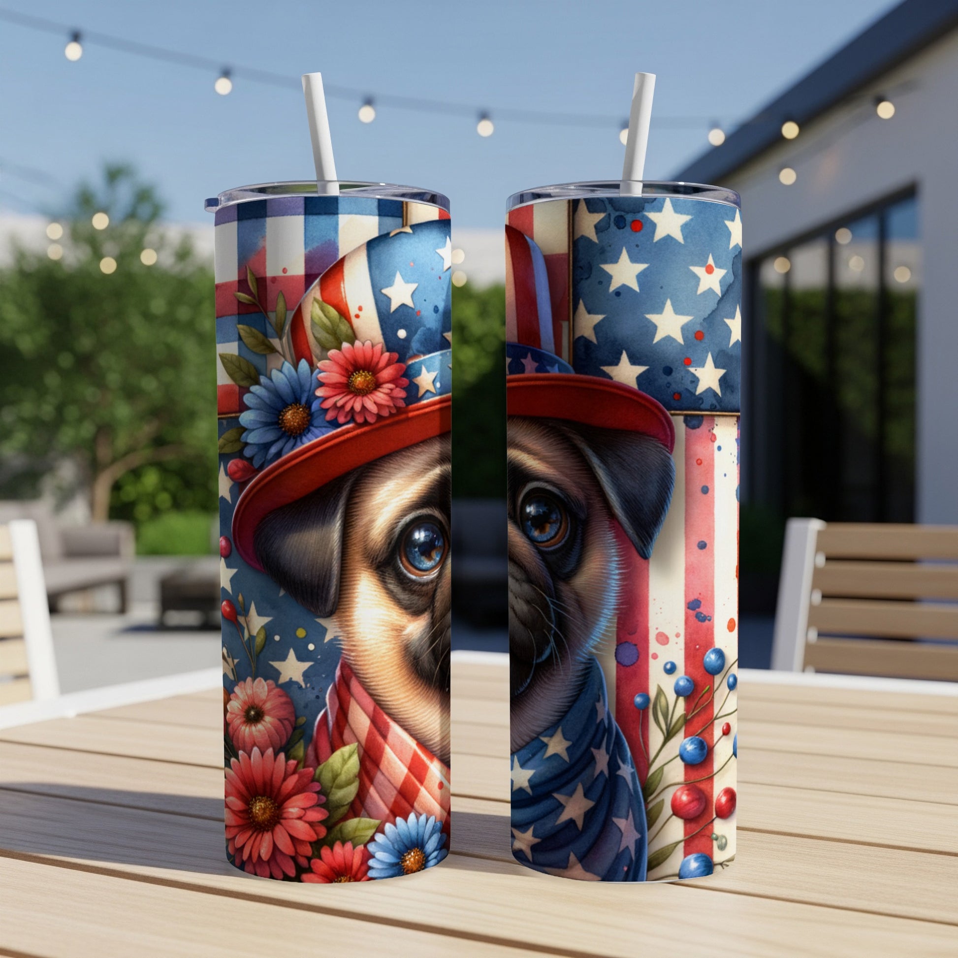 Pug wearing a patriotic hat and scarf with stars and stripes.