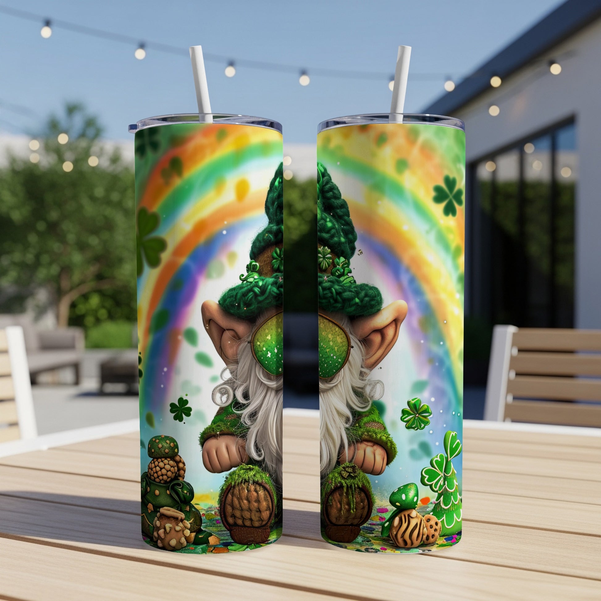 Two Saint Patrick's Day tumblers with a gnome and shamrocks.