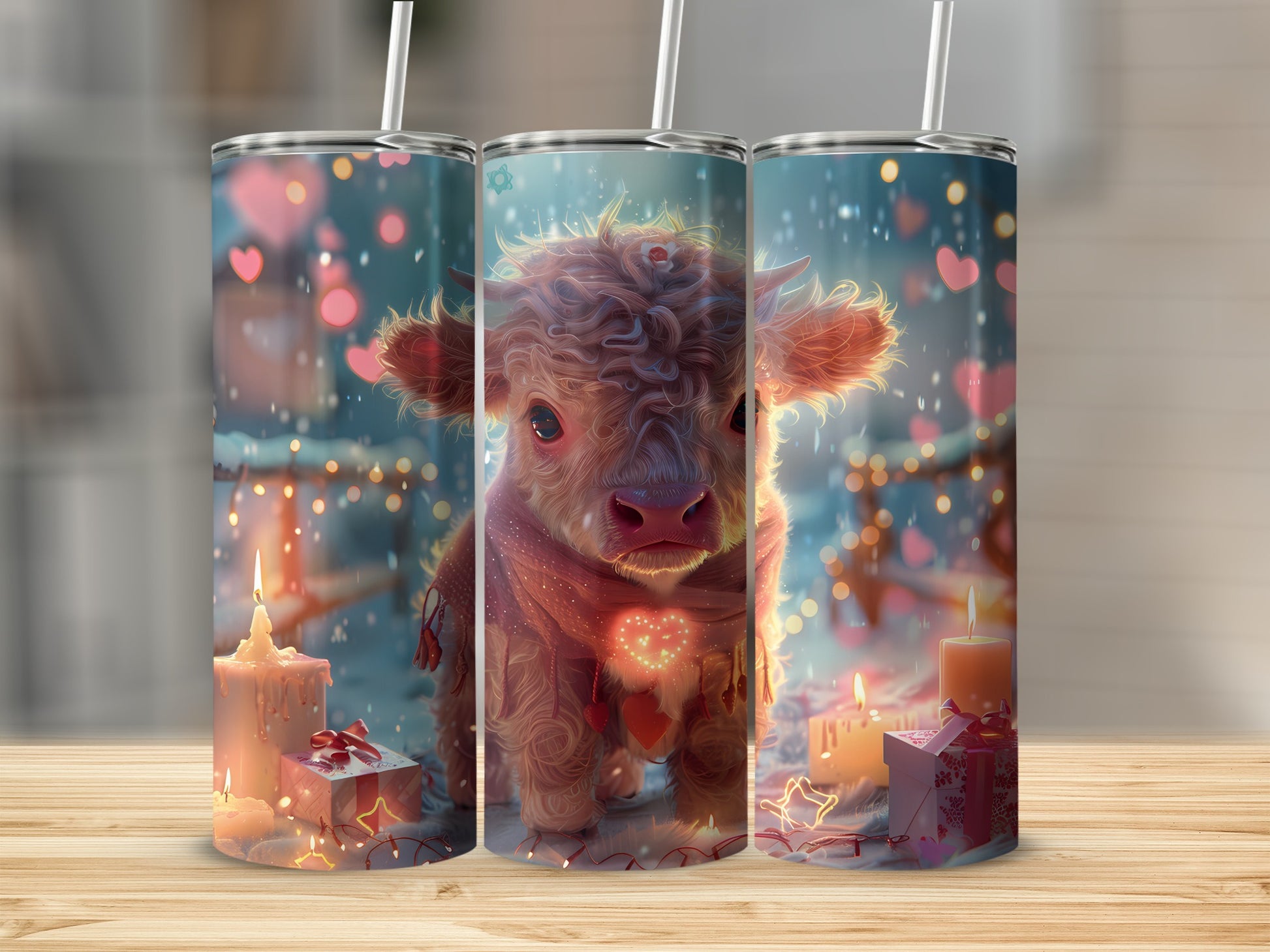 Cute calf with scarf and glowing heart among candles and gifts.