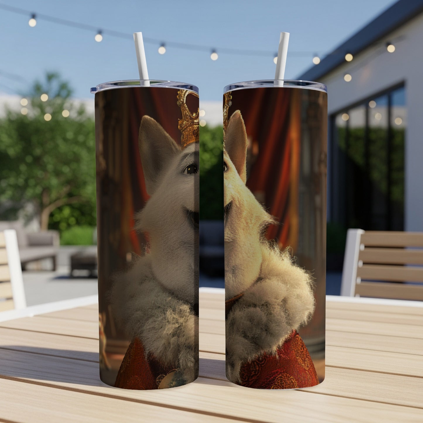 Two tumblers featuring a crowned white dog in regal attire.