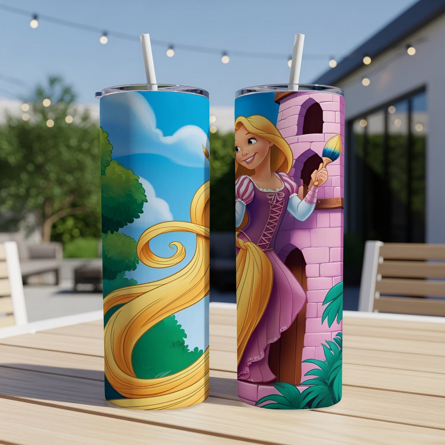 Tangled Rapunzel character art on two tall drink tumblers with straws.