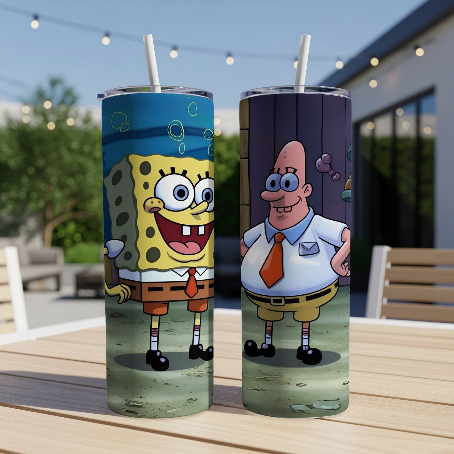 SpongeBob SquarePants and Squidward Tentacles cartoon characters on tumblers.