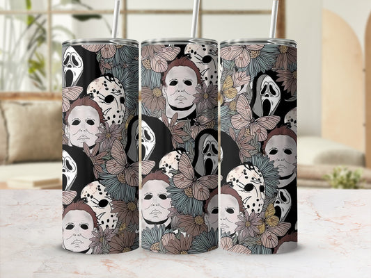 Horror movie masks and flowers pattern on tumblers.