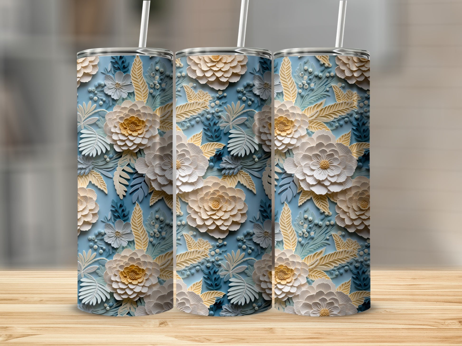 Blue Floral Patterned Stainless Steel Tumbler Product