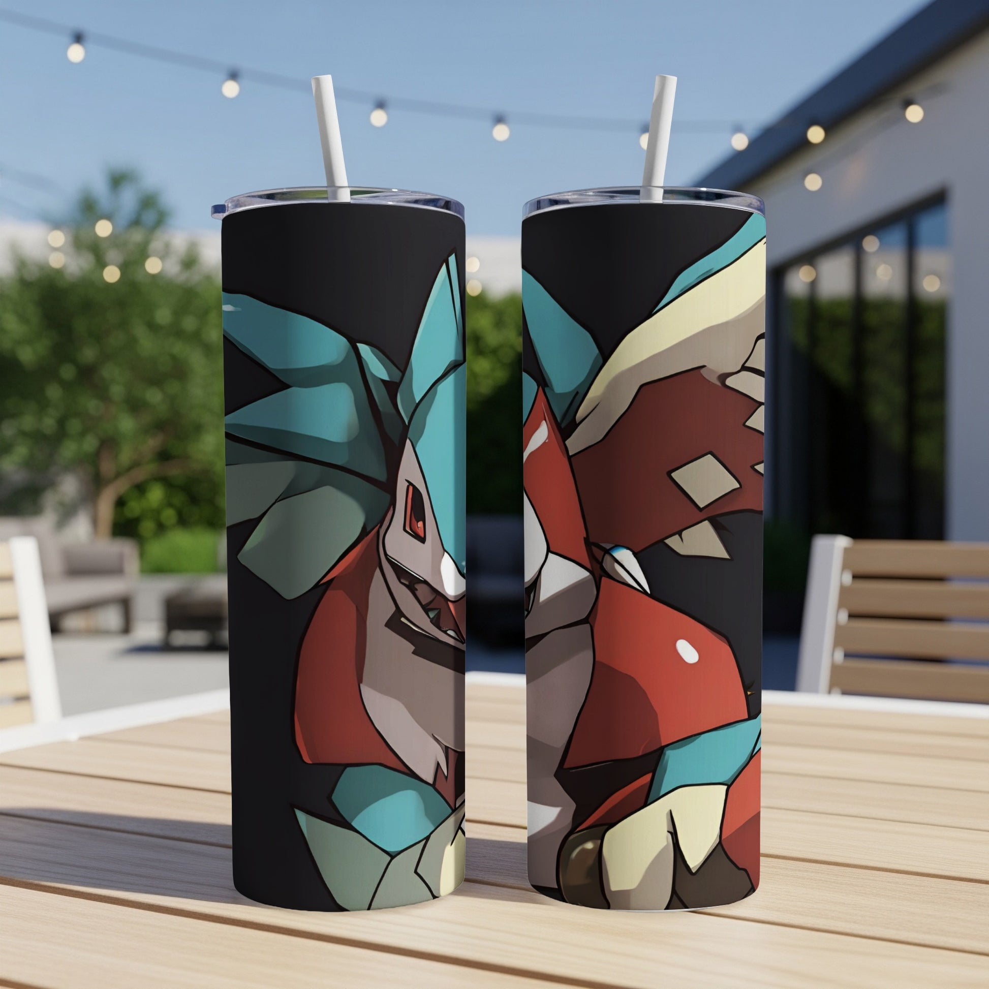 Two tumblers with a stylized dragon character in red and blue on a dark background.