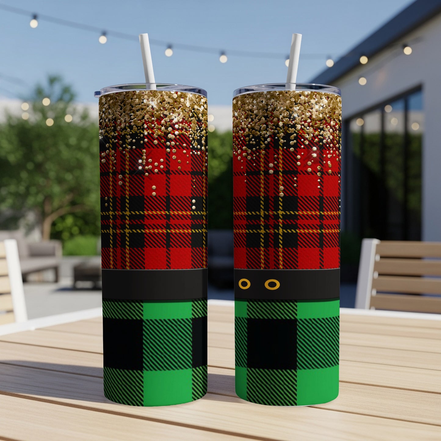 Red and green plaid tumbler with gold glitter accent.