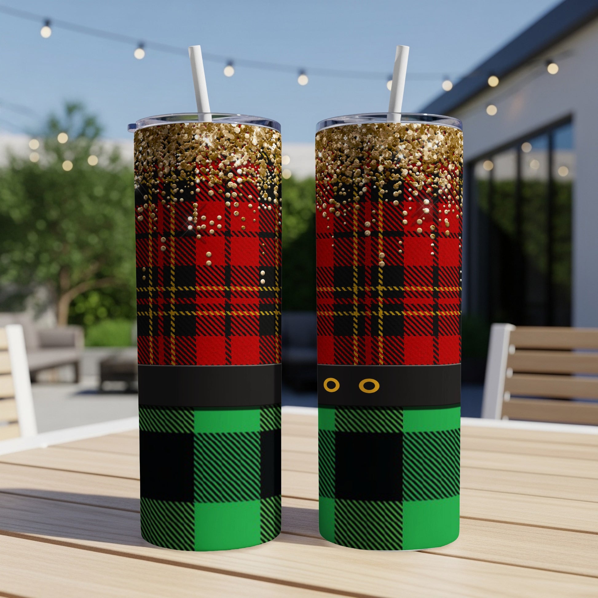 Red and green plaid tumbler with gold glitter accent.