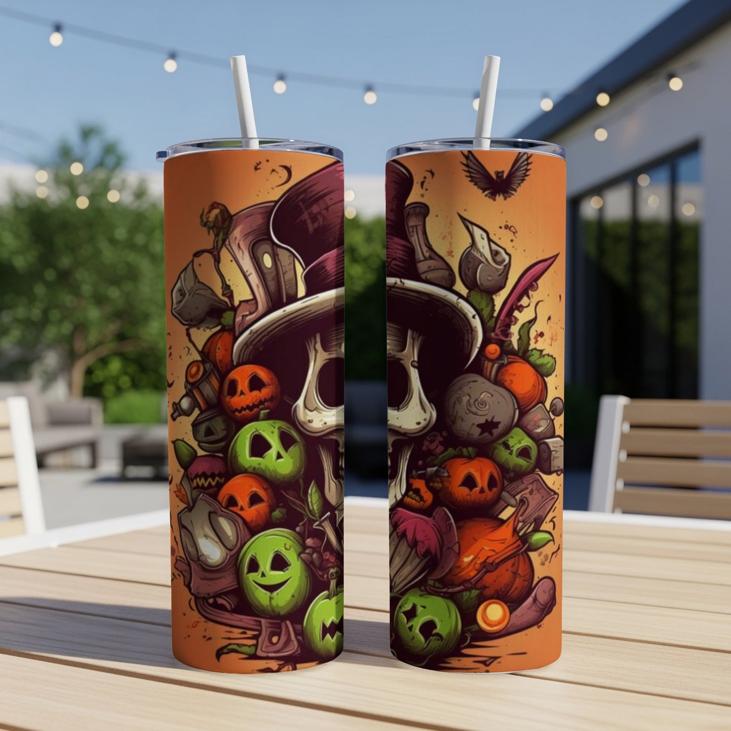 Two tumblers with a Halloween-themed illustration of skulls and pumpkins on an orange background.