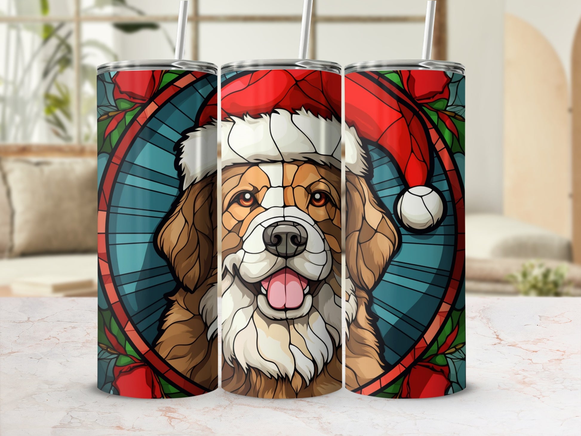 Christmas dog tumbler with Santa hat and festive wreath design.