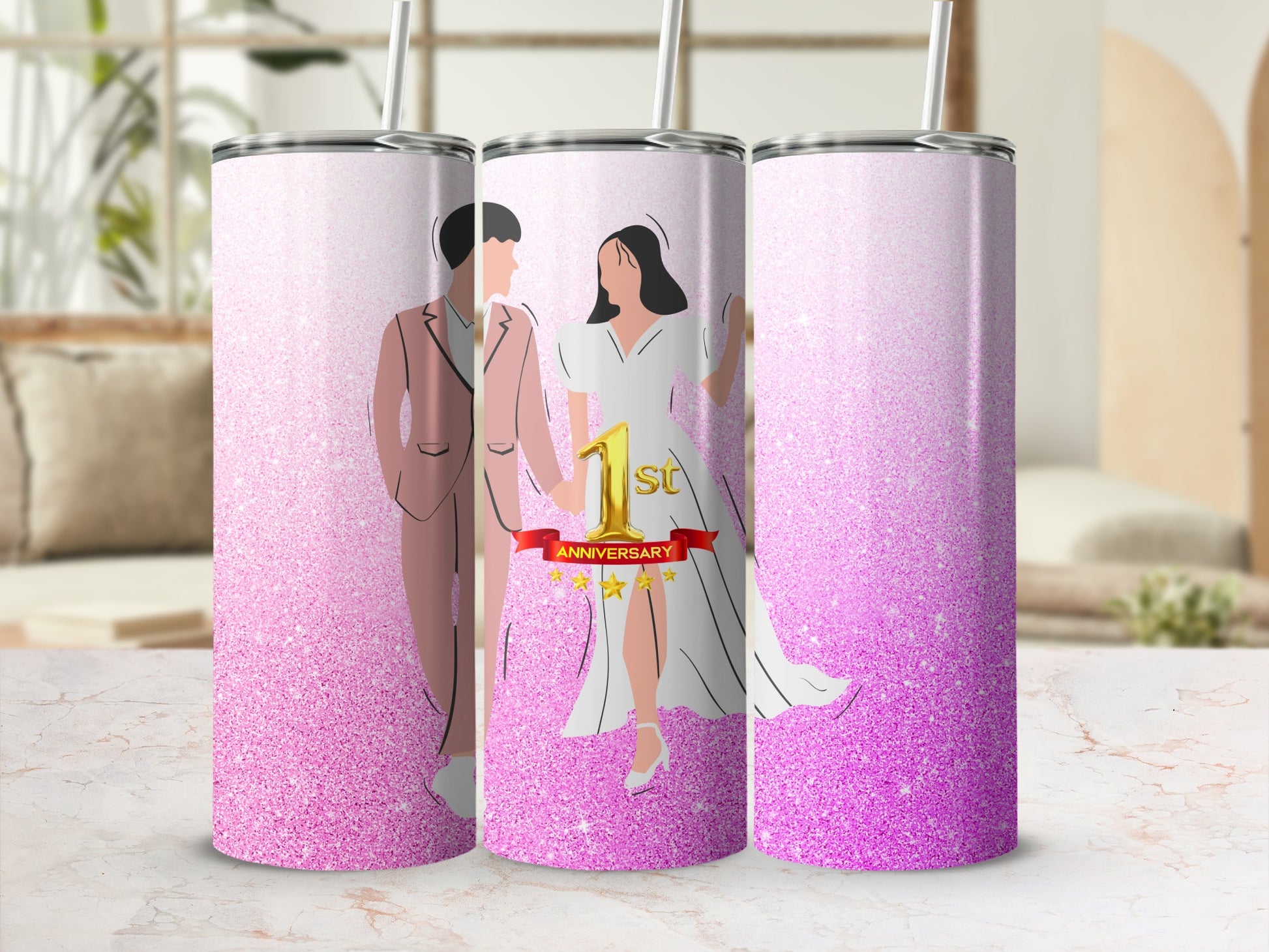 Wedding couple on pink glitter tumbler, celebrating 1st anniversary.