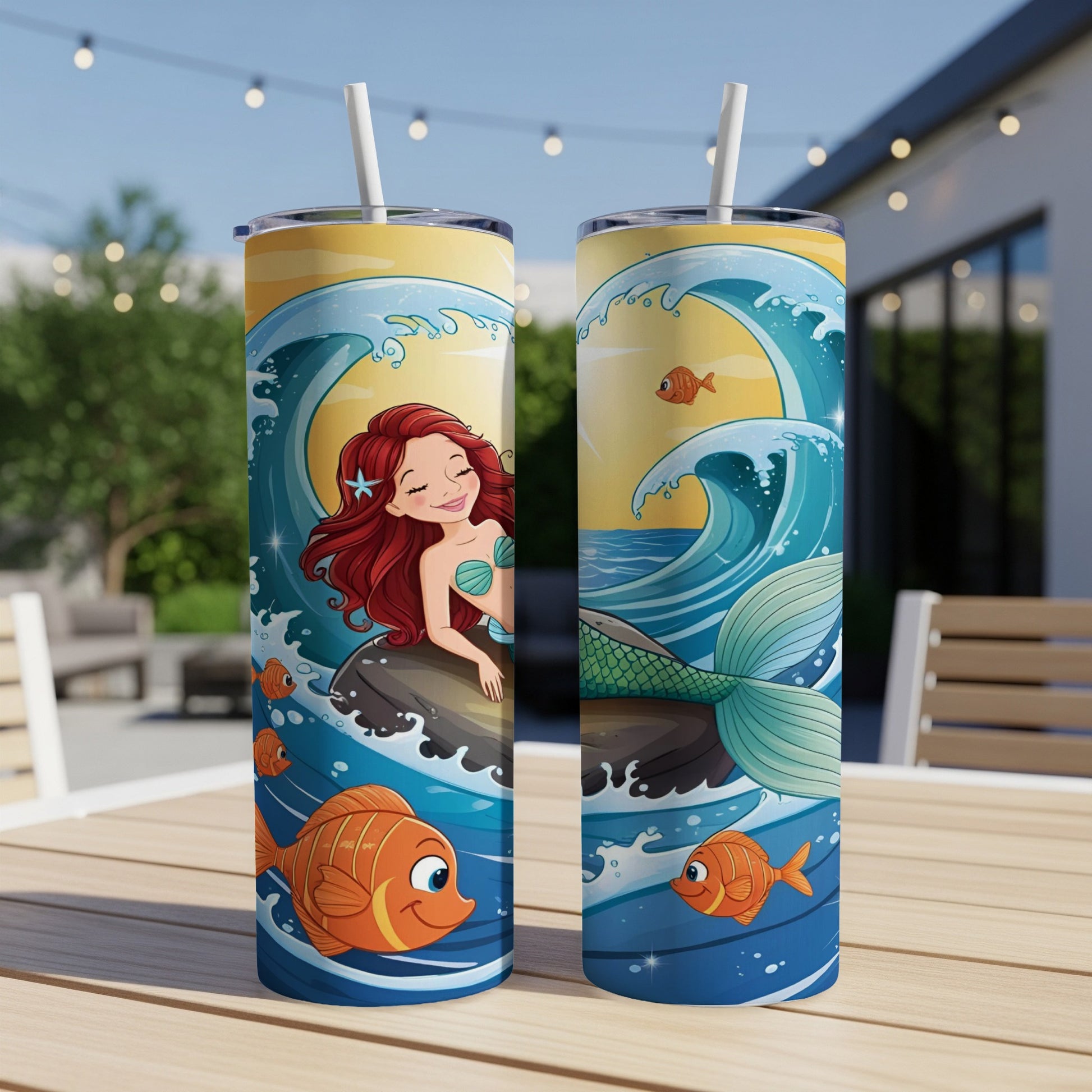 Two mermaid tumblers with wavy ocean designs and cartoon fish.