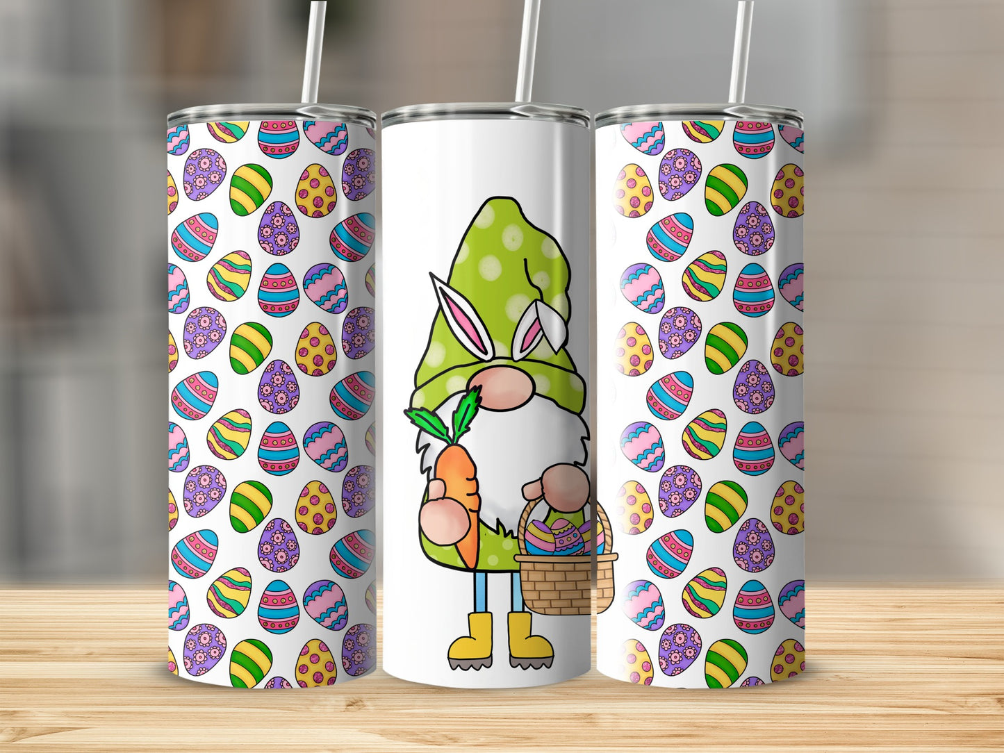 Easter gnome with decorated eggs and a basket of eggs, holding a carrot.