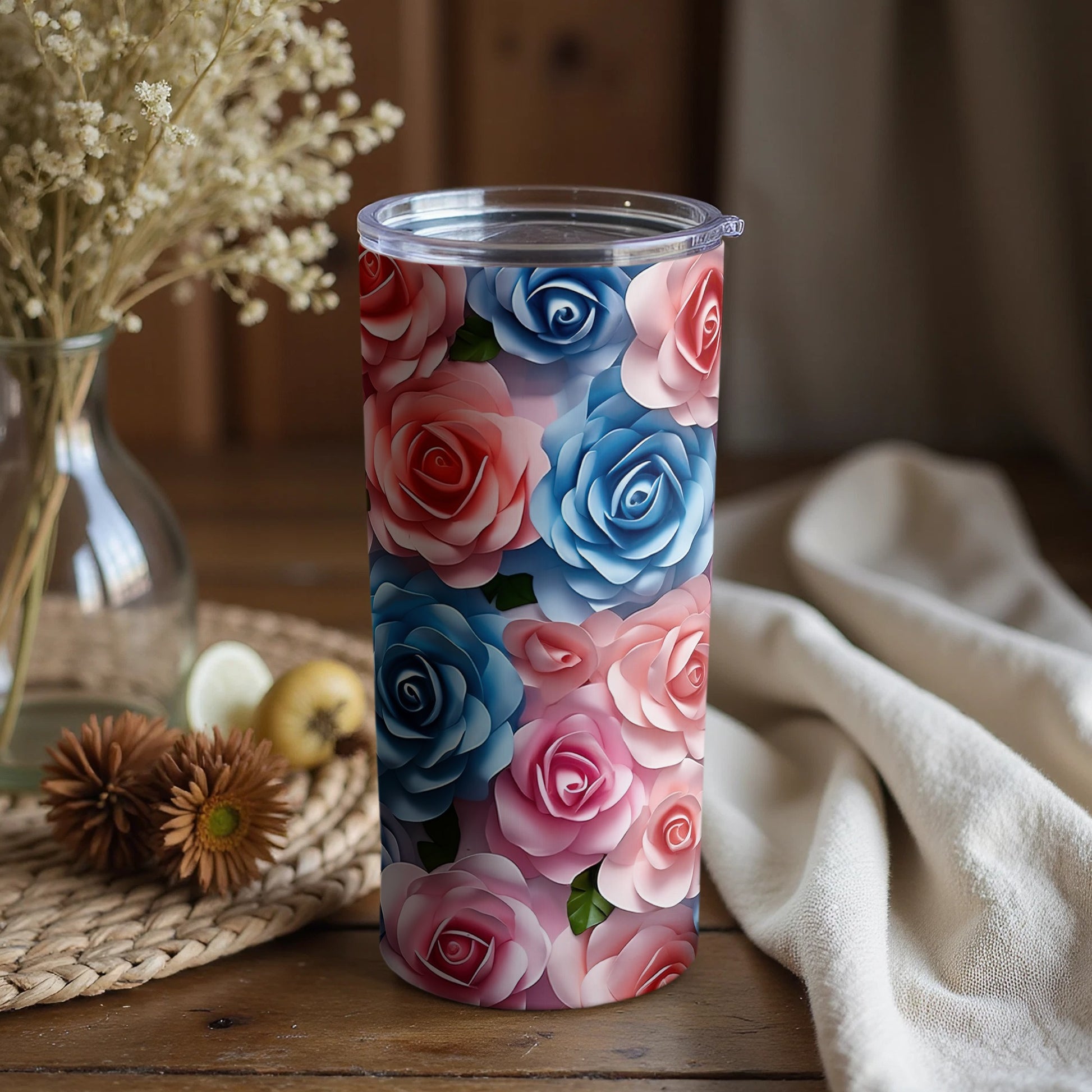 Floral Pattern Insulated Tumbler with Roses 20 Oz