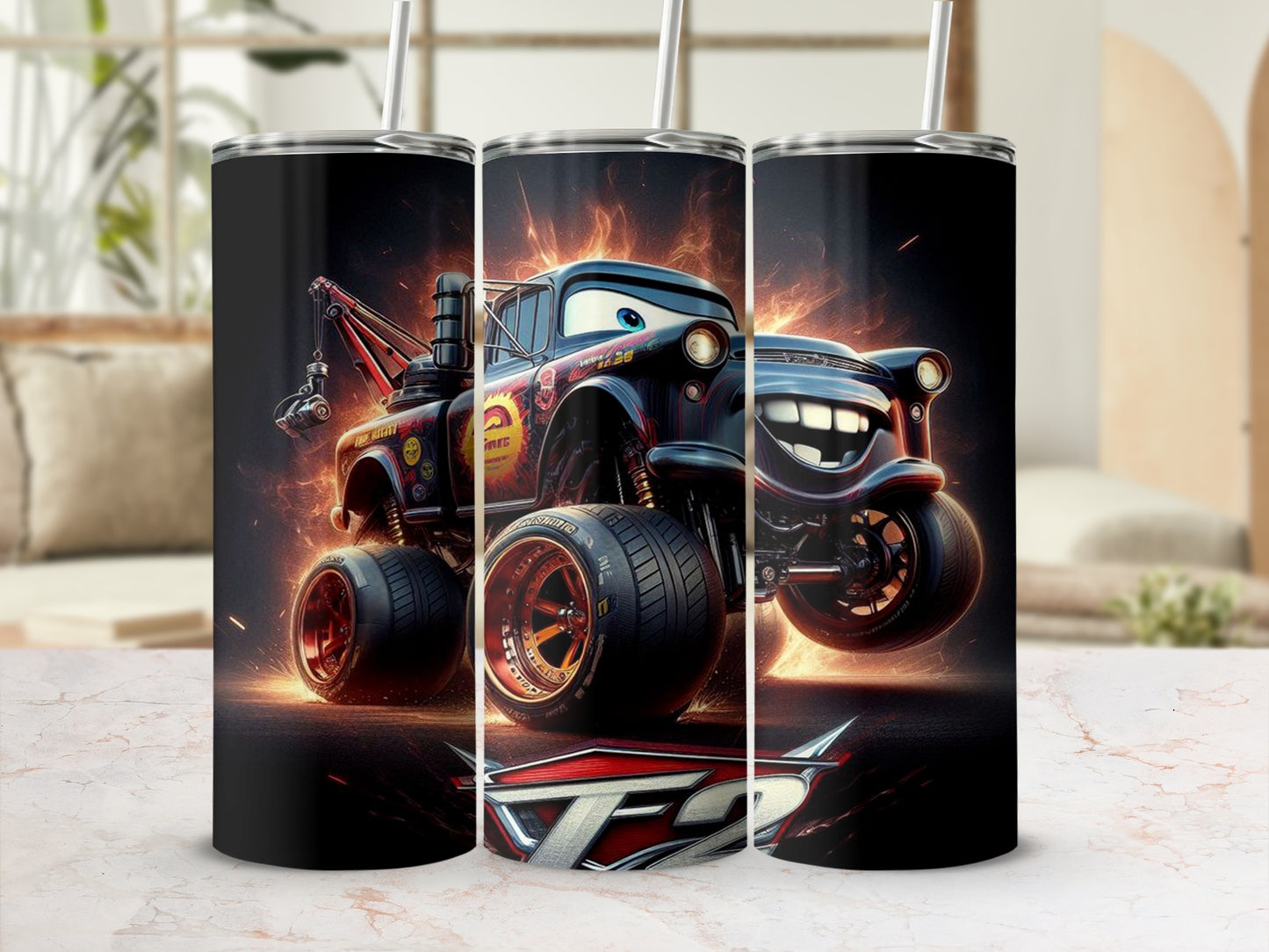 Fire Racing Truck Design Tumbler With Straw Flask