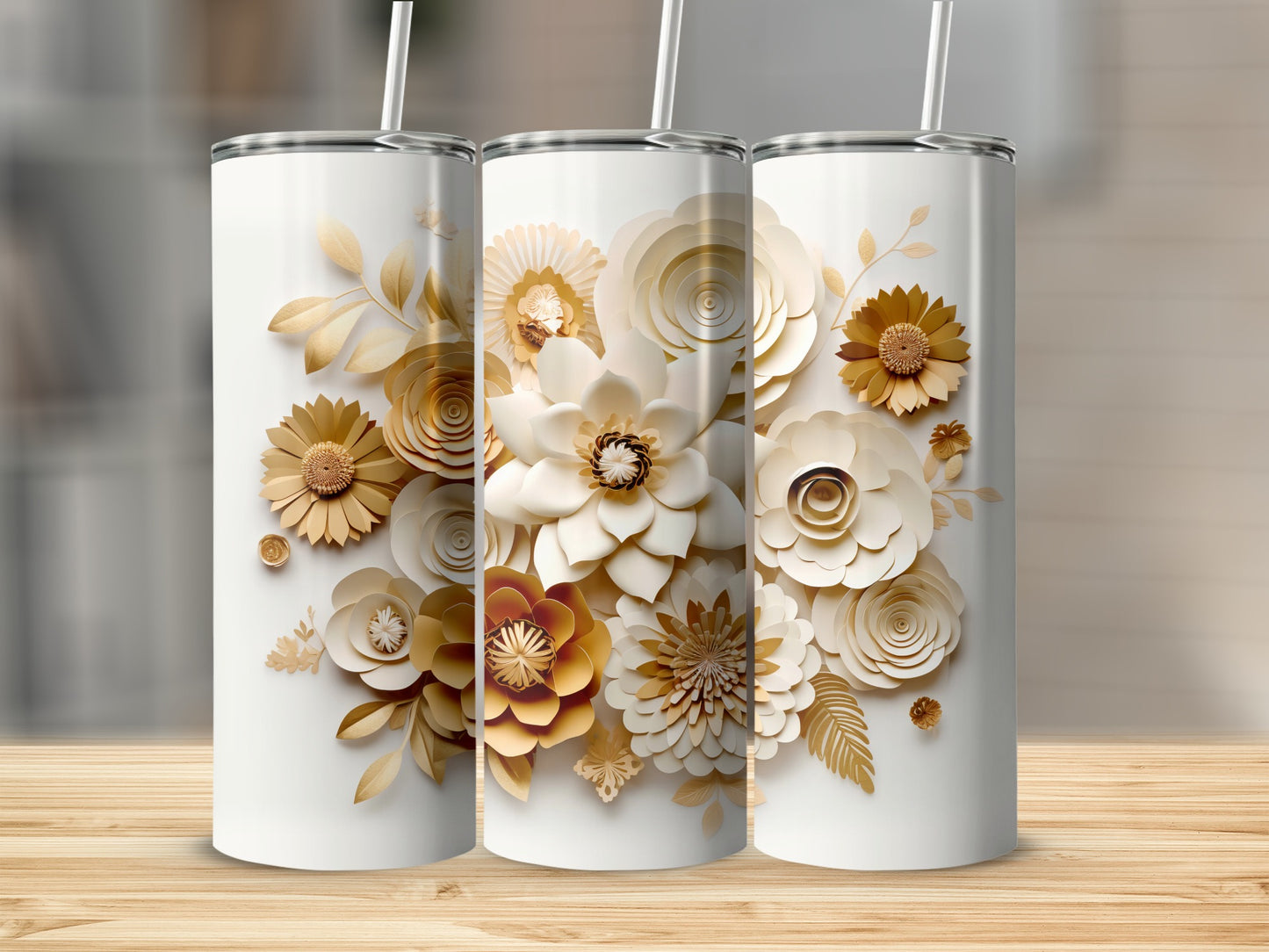 Elegant Gold and White Floral Pattern Tumbler