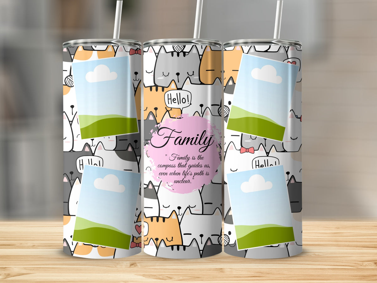 Tumbler with a cat pattern, photo placeholders, and the quote "Family is the compass that guides us".