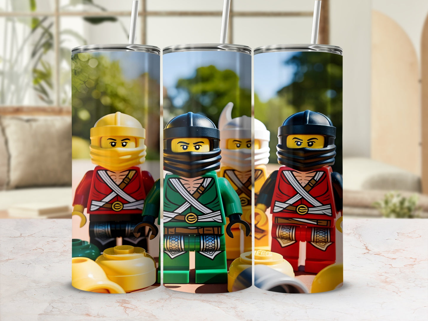 Three LEGO Ninjago characters in red, green, and black outfits on tumblers.