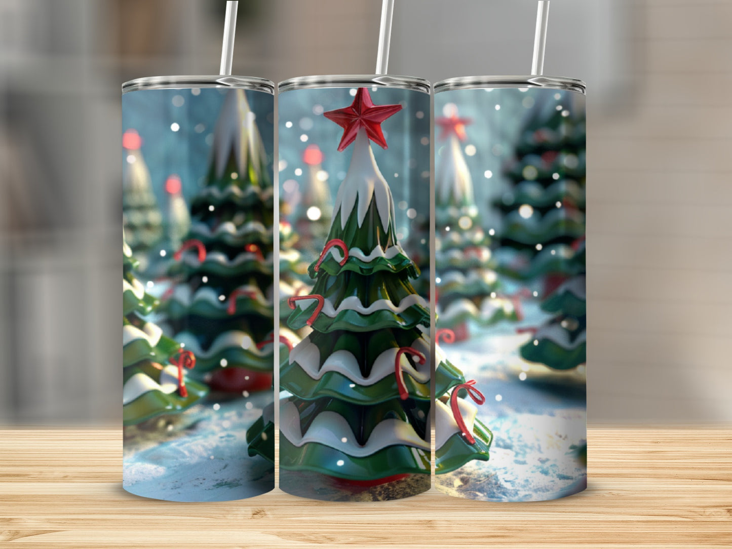Three snow-covered Christmas trees with red star and candy canes.