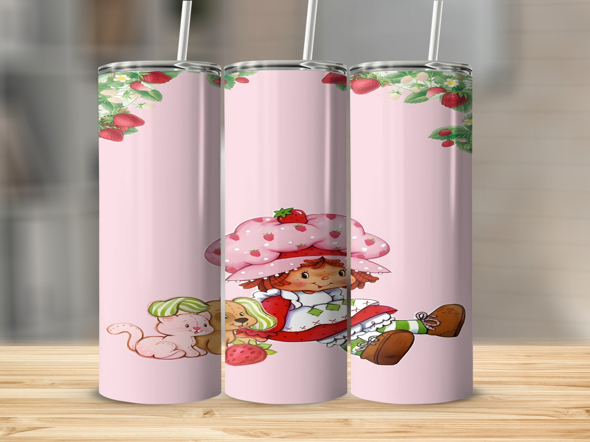 Strawberry Shortcake character with cat and dog on a pink background.