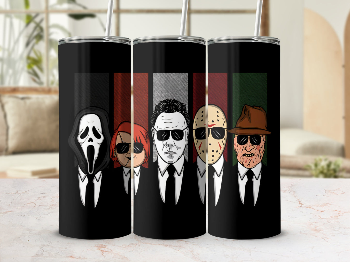 Tumblers with horror villains Ghostface, Chucky, Michael Myers, Jason Voorhees, and Freddy Krueger.