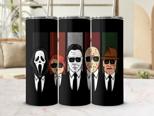Tumblers with horror villains Ghostface, Chucky, Michael Myers, Jason Voorhees, and Freddy Krueger.