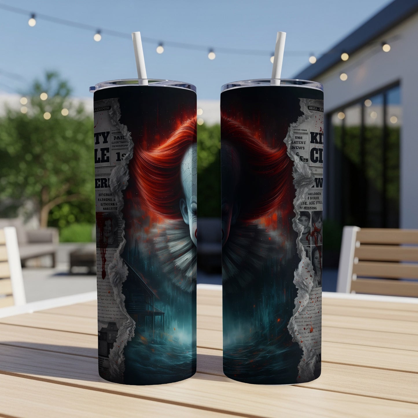 Two tumblers with Pennywise artwork and torn newspaper graphics.