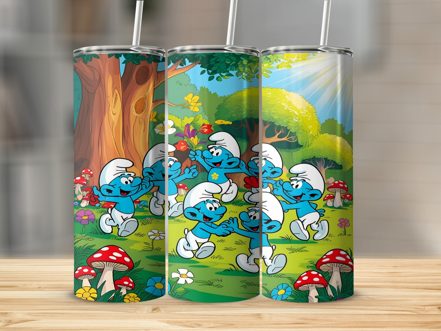 Smurfs dancing in a forest with mushrooms and flowers.