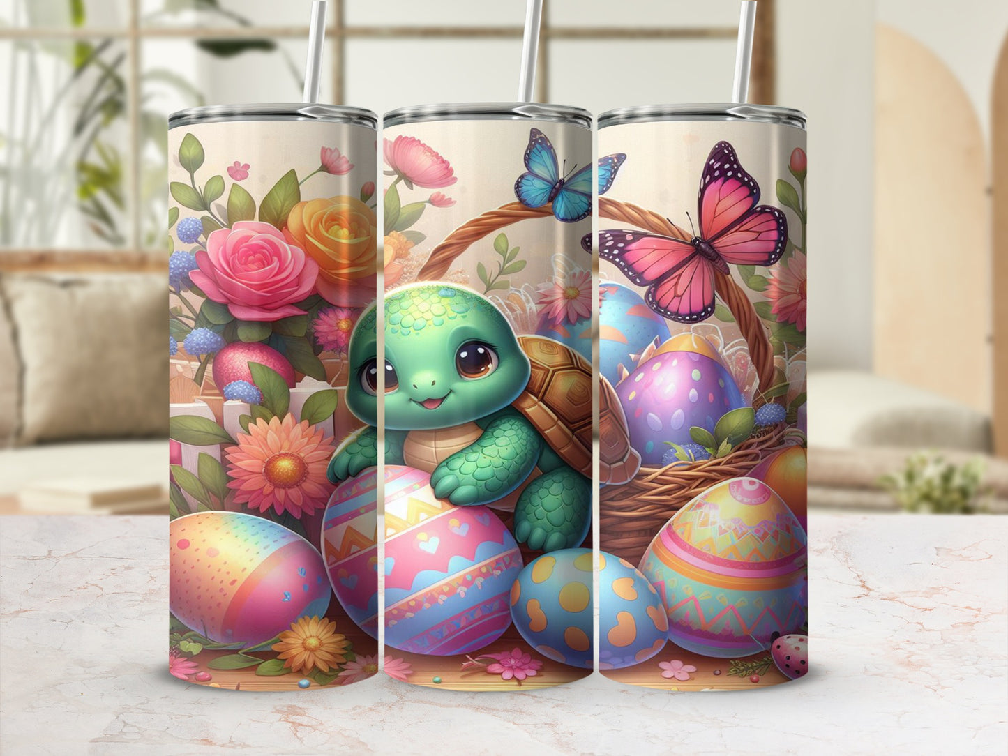 Cute turtle in Easter basket surrounded by colorful eggs and butterflies.