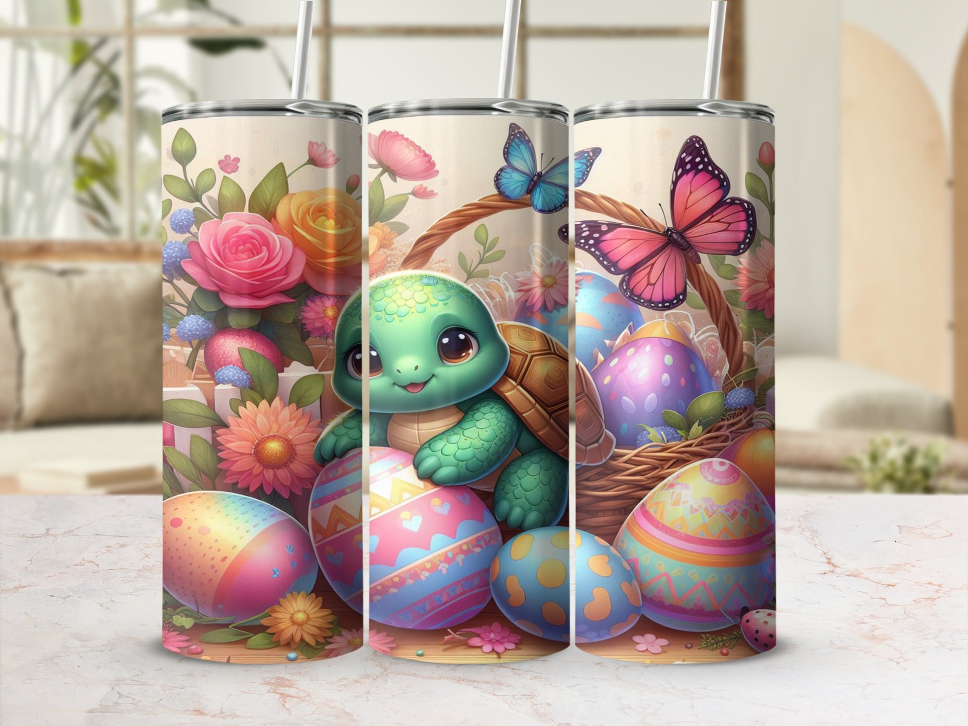 Cute turtle in Easter basket surrounded by colorful eggs and butterflies.