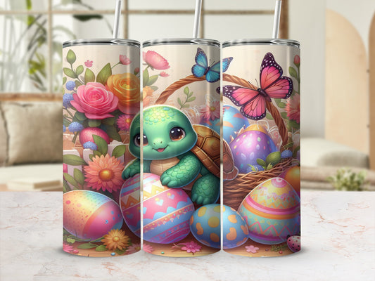 Cute turtle in Easter basket surrounded by colorful eggs and butterflies.