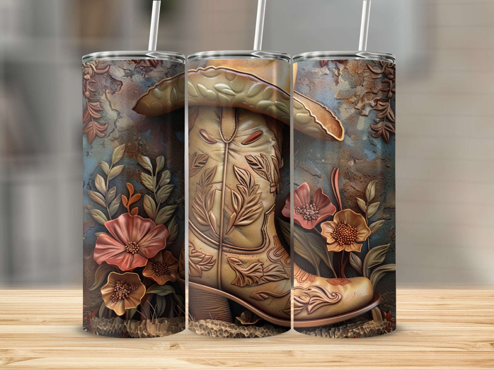 Cowboy boot with flowers design on a tumbler.