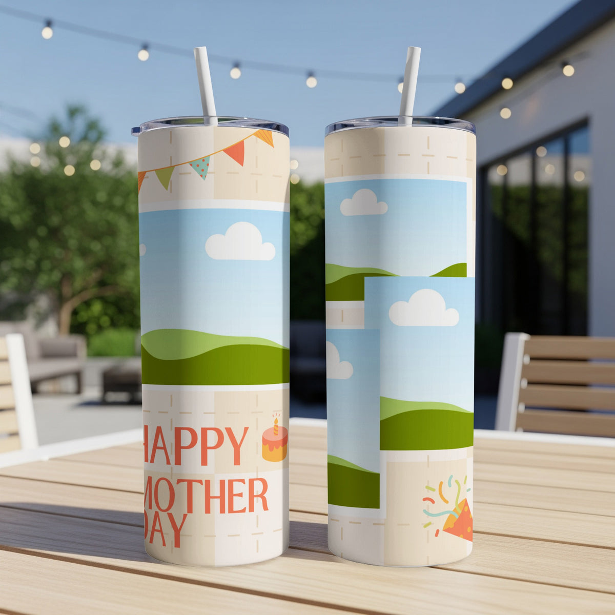 Happy Mother's Day tumbler with landscape and cloud graphics.