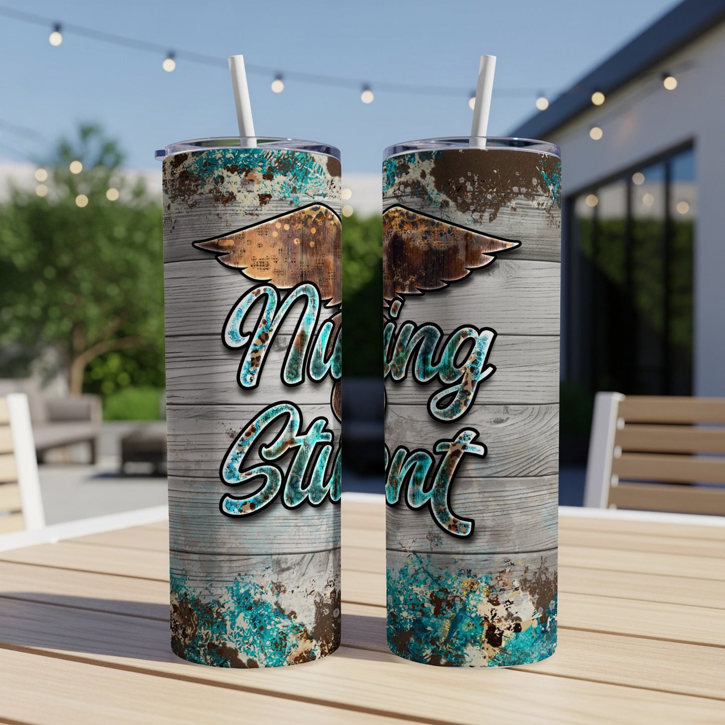 Two tumblers with "Nursing Student" text and distressed wood and teal design.