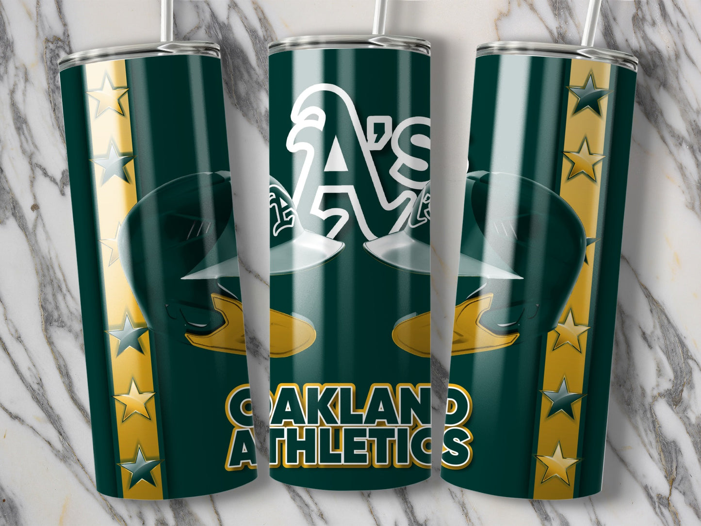Oakland Athletics Logo and Helmets on Green Tumblers