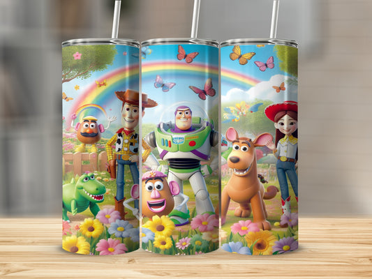 Toy Story characters Buzz Lightyear, Woody, Mr. Potato Head, and Slinky Dog in a vibrant outdoor scene.