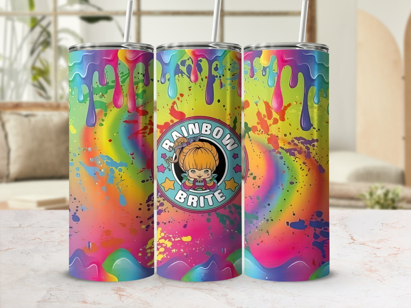 Rainbow Brite tumbler with colorful paint splatter and drizzles.