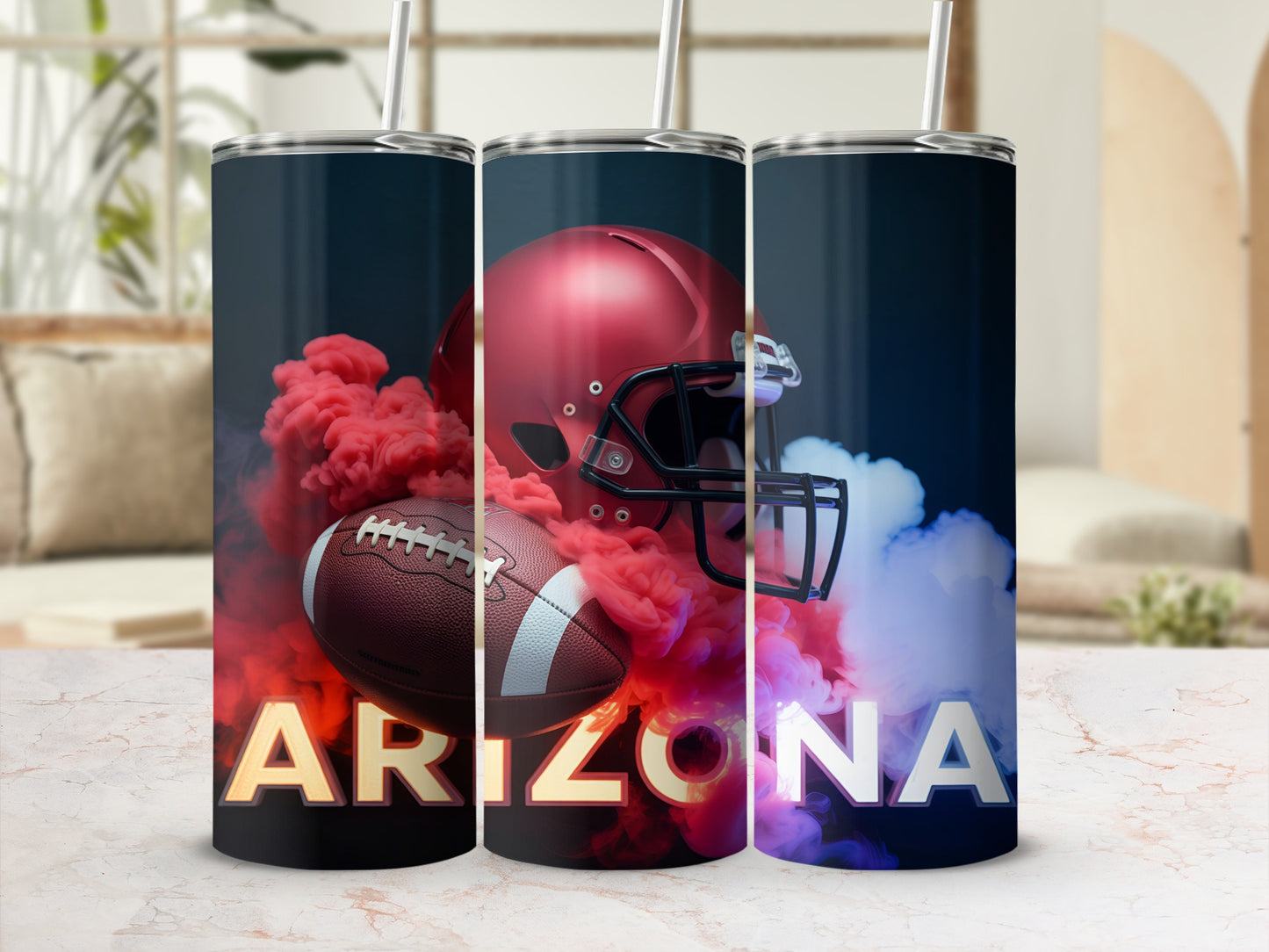 Tumbler with Arizona text, football, and red and blue smoke.