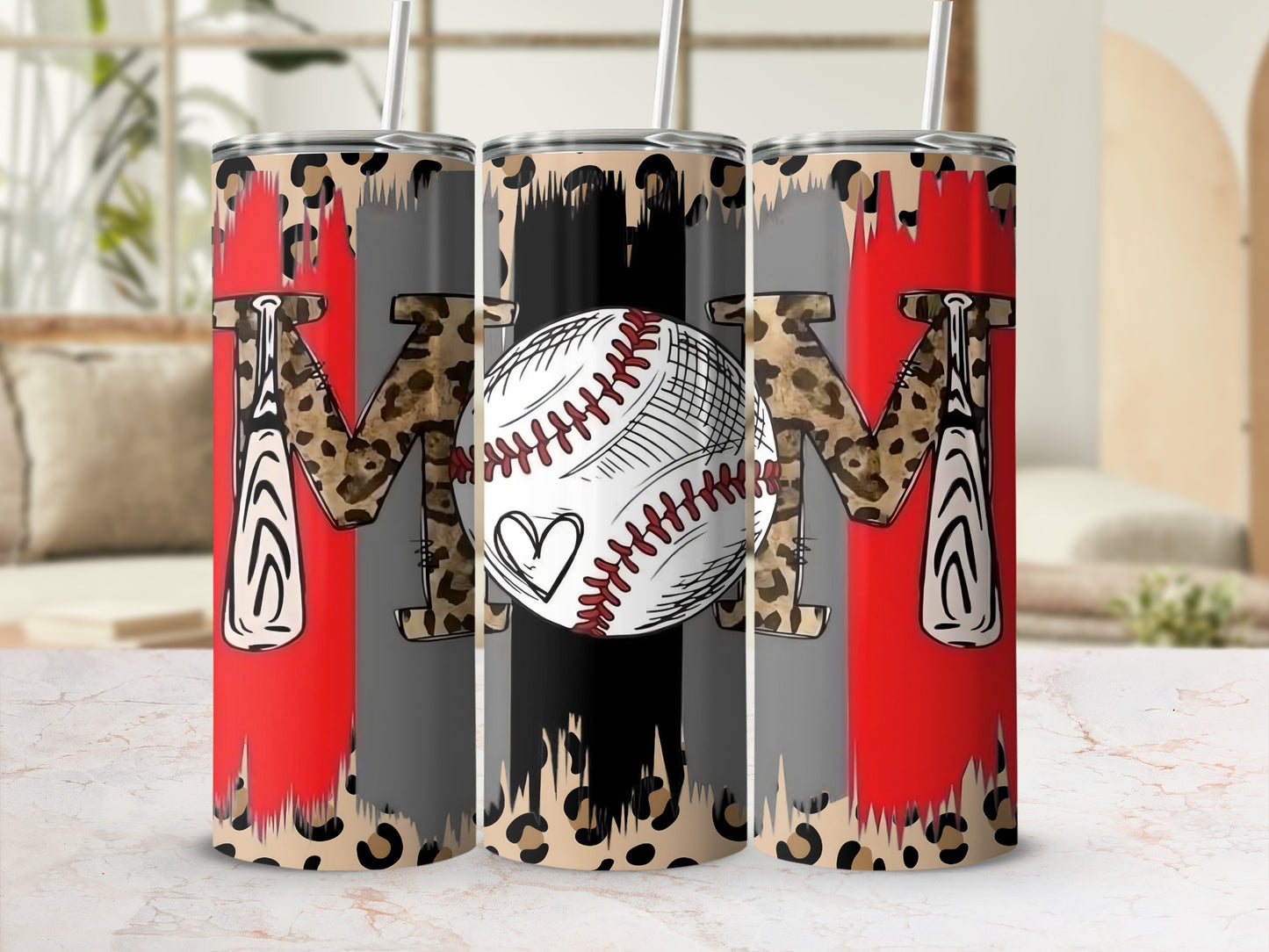Leopard Initial M Baseball Tumbler with Heart Design