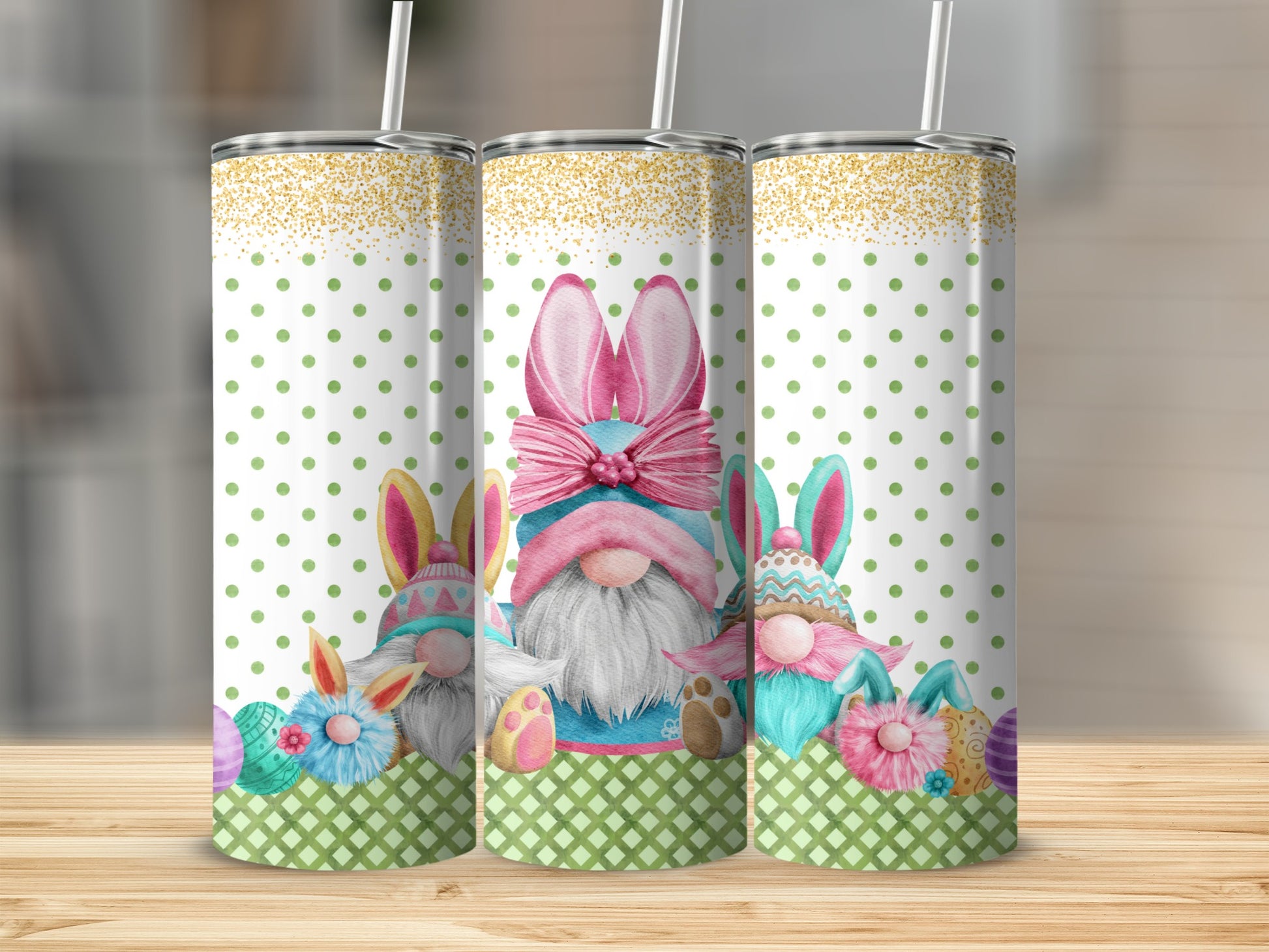 Three Easter gnomes with bunny ears and colorful eggs on a polka dot background.